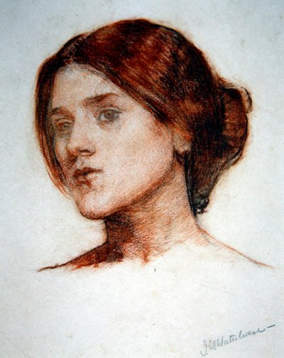 دراسة رأس فتاة لـ "The Rose Bower" ، حوالي عام 1910 (قلم تلوين أحمر وقلم رصاص على ورق) بواسطة جون وليام ووترهاوس