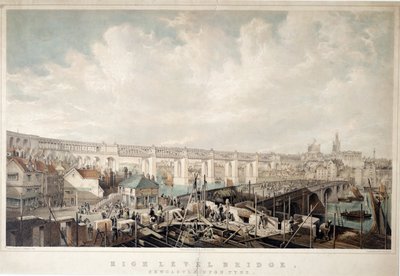 جسر هاي ليفل ، نيوكاسل أبون تاين ، منقوش بواسطة جورج هوكينز (1819-1852) (ليثو ملون يدويًا) بواسطة جون ويلسون كارمايكل