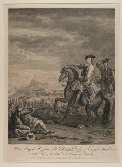 صاحب السمو الملكي وليام (1721-65) دوق كمبرلاند مع منظر للجيش المهزوم بالقرب من كولودين ، 1746 ، نشره ب. بارون ، 1747 بواسطة جون ووتون