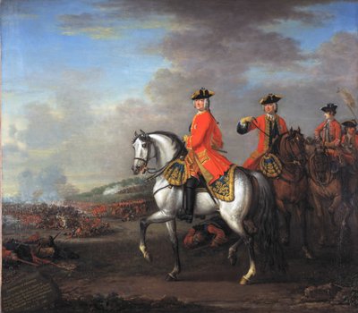 الملك جورج الثاني (1683-1760) في معركة ديتينجن ، مع دوق كمبرلاند وروبرت ، إيرل هولدنسي الرابع ، 27 يونيو 1743 ، ج .1743 بواسطة جون ووتون