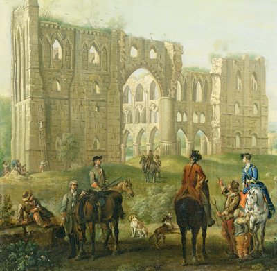 راكبون يتوقفون عند أنقاض دير Rievaulx ، حوالي 1740-50 (زيت على قماش) بواسطة جون ووتون