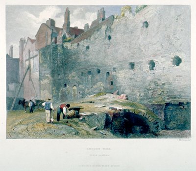 منظر لبرج بوستيرن وجدار لندن مع رجال يحفرون ، مدينة لندن ، 1851 بواسطة جون ويكهام آرتشر