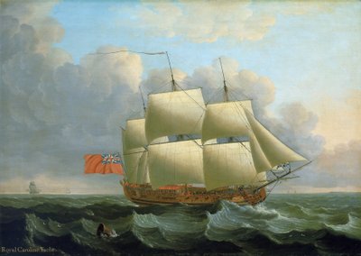 "كارولين الملكية"، بُنيت عام 1749 في ديبتفورد (إنجلترا). لوحة زيتية على قماش بواسطة جون الأكبر كليفيلي