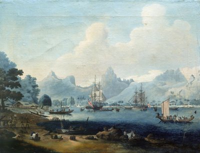 رست السفينتان HMS "Resolution" و"Discovery" في موريا (تاهيتي)، خلال بعثات جيمس كوك (1728-1779)، التي شارك فيها الرسام في 1772-1773 بواسطة جون الأكبر كليفيلي