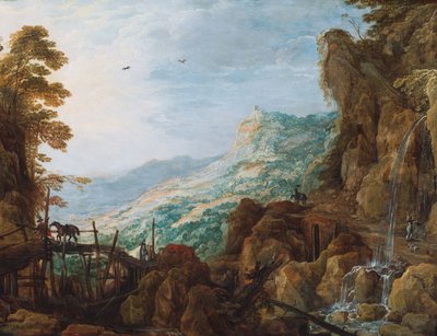 منظر طبيعي جبلي صخري مع فارس على جسر وشلال (لوحة زيتية على لوحة) بواسطة Joos أو Josse de The Younger Momper