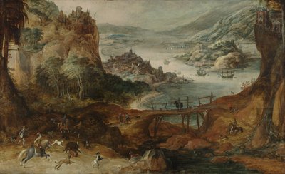 منظر طبيعي للنهر مع صيد الخنازير بواسطة Joos أو Josse de The Younger Momper