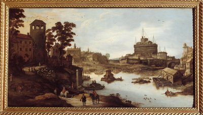 منظر لنهر التيبر (Tevere) وقلعة Sant'Angelo (Castel Sant'Angelo) في روما منزل على ركائز متينة على اليمين. لوحة رسمها Josse Momper II (1564-1635) من القرن السابع عشر شالون سور مارن ، متحف البلدية بواسطة Joos أو Josse de The Younger Momper