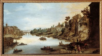 منظر لنهر التيبر (Tevere) في روما منزل على ركائز متينة على اليسار. اللوحة بواسطة Josse Momper II (1564-1635) بواسطة Joos أو Josse de The Younger Momper
