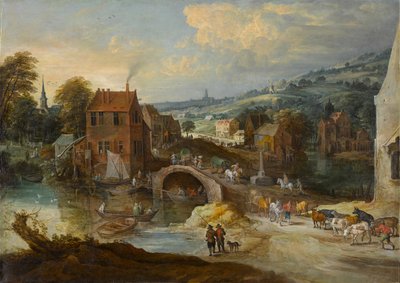 منظر طبيعي للقرية مع جسر ، حوالي 1620 (زيت على قماش) بواسطة Joos أو Josse de The Younger Momper