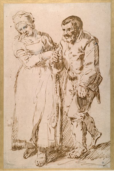 The steps of an elderly peasant guided by his wife (pen & ink with chalk on paper) بواسطة Joos van (Attr. To) Craesbeeck