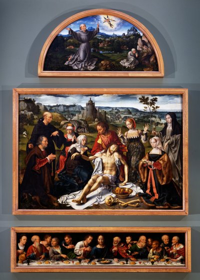 Altarpiece of the deposition, with the stigmata of St Francis, the deposition of Christ and the Last Supper from the Church of the Friars Minor in Genoa, c.1520 بواسطة جوس فان كليف