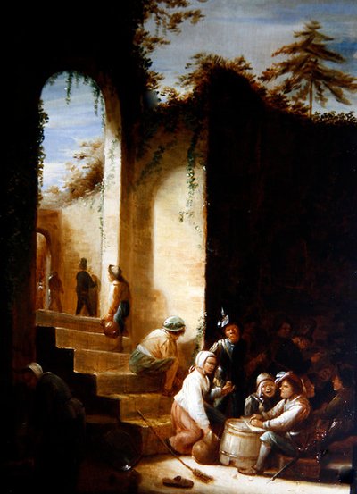 فلاحون وجنود في فناء (زيت على لوح) بواسطة Joos van Craesbeeck