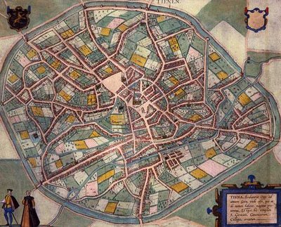خريطة Tienen ، من "Civitates Orbis Terrarum" بقلم جورج براون (1541-1622) وفرانس هوغنبرغ (1535-90) حوالي 1572-1617 (نقش ملون) بواسطة جوريس (بعد) هوفناجل