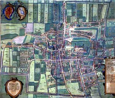 خريطة لاهاي ، مأخوذة من "Civitates Orbis Terrarum" بقلم جورج براون (1541-1622) وفرانس هوغنبرغ (1535-90) ، حوالي 1572 (نقش ملون) بواسطة جوريس (بعد) هوفناجل