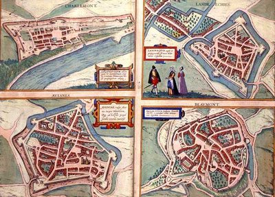 خرائط شارلمونت ، لاندريشيس ، أفيسنيس ، وبومون ، من "Civitates Orbis Terrarum" بقلم جورج براون (1541-1622) وفرانس هوغنبرغ (1535-90) حوالي 1572-1617 (نقش ملون) بواسطة جوريس (بعد) هوفناجل