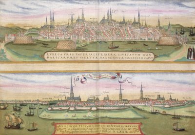 خريطة لوبيك وهامبورغ ، من "Civitates Orbis Terrarum" لجورج براون (1541-1622) و فرانس هوجنبرج (1535-90) ، ج .1572 (نقش الألوان) بواسطة Joris Hoefnagel