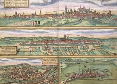 خريطة نورمبرج وأولم وسالتسبورغ ، من "Civitates Orbis Terrarum" لجورج براون (1541-1622) وفرنس هوجنبرج (1535-90) ، c.1572 (نقش الألوان) بواسطة Joris Hoefnagel