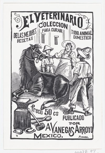 مجموعة من الأشخاص يحيطون بحصان ، رسم توضيحي لـ 'El Veterinario The Vete ...، ca. 1880-1910. بواسطة خوسيه غوادالوبي بوسادا
