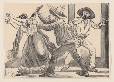 رجل يمسك امرأة من كمها ويطعنها ، من عريض بعنوان `` الرماد ... ، 1891. بواسطة خوسيه غوادالوبي بوسادا