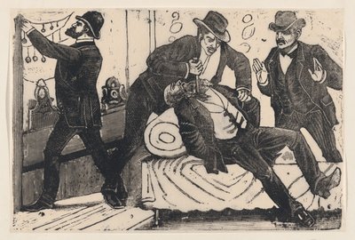 رجل يطعن رجلاً آخر في صدره بينما ينهبه رفاقه متجرًا ، من ... ، كاليفورنيا. 1890-1891. بواسطة خوسيه غوادالوبي بوسادا