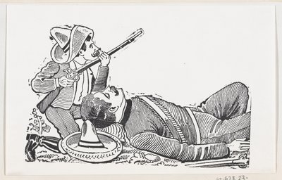 ثوري يحمل بندقية ويركع لحماية ثوري ساقط ، ج ... ، كاليفورنيا. 1880-1910. بواسطة خوسيه غوادالوبي بوسادا