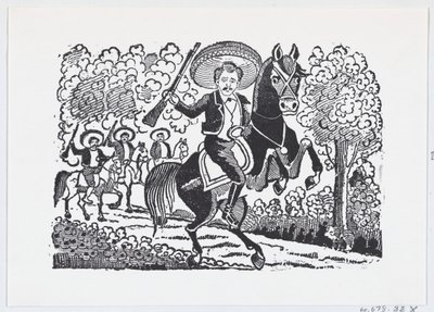 جندي ثوري يمتطي حصانًا يحمل بندقية هيراكليو برنال ، كاليفورنيا. 1880-1910. ، كاليفورنيا. 1880-1910. بواسطة خوسيه غوادالوبي بوسادا