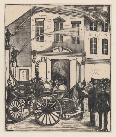 يقوم رجال الإطفاء بإخماد حريق في منزل ، وعربة إطفاء في المقدمة ، كاليفورنيا. 1880-1910. ، كاليفورنيا. 1880-1910. بواسطة خوسيه غوادالوبي بوسادا