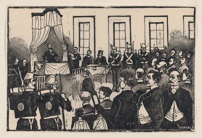 محاكمة قتلة توماس هيرنانديز أغيري ، من انتقاد بعنوان 'E ...، ca. 1890-1891. بواسطة خوسيه غوادالوبي بوسادا