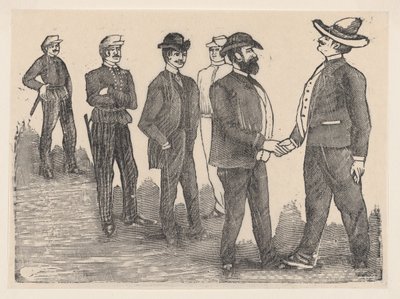 رجلان يتصافحان في المقدمة وضباط يراقبونهما في الخلف ... ، كاليفورنيا. 1880-1910. بواسطة خوسيه غوادالوبي بوسادا