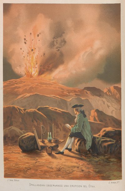 لازارو سبالانزاني يراقب ثوران إتنا. من: العلم ورجاله ، 1879. بواسطة خوسيه أرميت بورتانيل