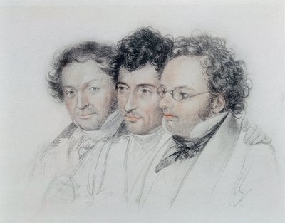 من اليسار إلى اليمين ، أصدقاء المؤلفين الموسيقيين يوهان بابتيست جينجر (1793-1856) ، أنسيلم هوتنبرينر (1794-1868) وفرانز شوبرت (1797-1828) ، باستيل جوزيف تلتشر بواسطة جوزيف إدوارد تالتشر
