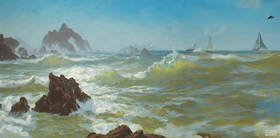 JJM تعيد إنشاء Bierstadt-A: Seal Rock California (مع السفن الشراعية) بواسطة Josef Johann Michel