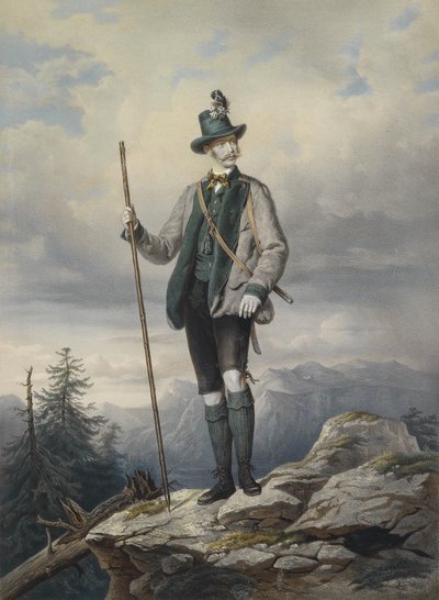 صورة للإمبراطور الشاب في زي الصيد Ischler ، الطباعة الحجرية الملونة بواسطة Kriehuber ، 67 × 49 سم بواسطة جوزيف كرييهوبر