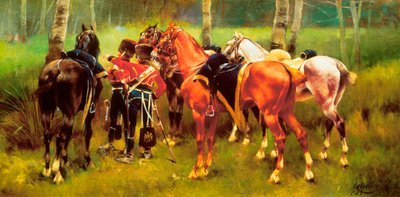 "" مجموعة من الخيول والخيول في الغابة "" لوحة رسمها جوزيب كوزاكس آي كوزاكس (1851-1908). 1905. بواسطة Josep Cusachs y Cusachs