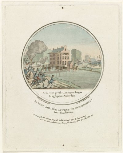 هجوم على جسر Duivendrechtse ، 1787 Action for Gevalle at Duyvendregse bridge buyten Amsterdam / Action arrivée au pont de Duyvendregt hors d'Amsterdam (العنوان على الكائن) اللوحات الفرنسية للهجمات البروسية بالقرب من أمستردام في عام 1787 (عنوان السلسلة) بواسطة جوزيف الكسندر لو كامبيون