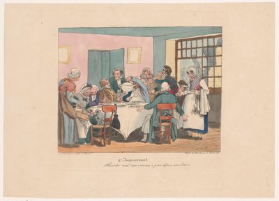 Gezelschap aan tafel aan het يتسع هل أنت تمزح؟ كنا نصوم منذ أول أمس (العنوان على وجوه) Ongemakken (عنوان المسلسل) الحرمان (عنوان السلسلة على الكائن) بواسطة جوزيف امبرواز جوبارد