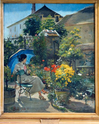 في الحديقة شابة تحمل مظلة وتحيط بها الزهور. رسم جوزيف بيل (1862-1921) القرن العشرين. ليون ، متحف الفنون الجميلة بواسطة جوزيف بيل