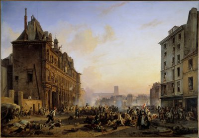 Les Trois Glorieuses (27 و 28 و 29 يوليو): "" هجوم على قاعة مدينة باريس في 28/07/1830 "لوحة لجوزيف بوم (1796-1885) 1831 صن. 1،45x2.1 م بواسطة جوزيف بوم