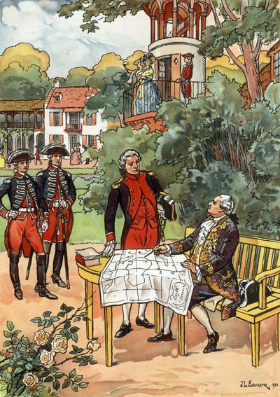 الملك الفرنسي لويس السادس عشر والملاح جان فرانسوا دي غالوب ، comte de Laperouse (1741-1788) في عام 1785 ، رسم بياني بواسطة JL Beuzon 1933 بواسطة جوزيف بيوزون
