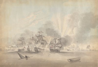 مشهد المعركة: البوارج والفرقاطات والطرادات ؛ غرق القارب وزورق التجديف بواسطة Joseph Cartwright
