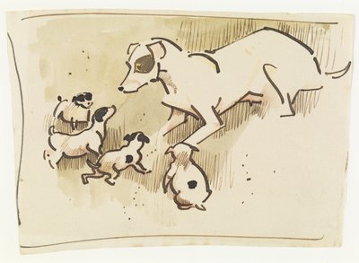 Fox Terrier and Puppies (قلم وغسل على ورق) بواسطة جوزيف كوراهول