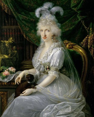 بالألمانية: ماري لويز (لودوفيكا) أميرة نابولي وصقلية (1773-1802)، زوجة فرديناند الثالث ملك توسكانا، جالسة على مائدة، صورة شخصية بطول الركبة للويزا ماريا أميليا تيريزا أميرة نابولي وصقلية (1773-1802)، الدوقة الكبرى قرينة بواسطة جوزيف دورفميستر