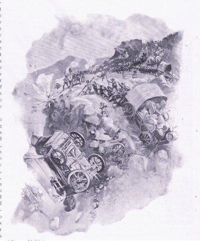 البوير يدمرون عرباتهم في سبيتزكوب ، التوضيح من بعد بريتوريا: حرب العصابات ، 1902 بواسطة جوزيف فينيمور