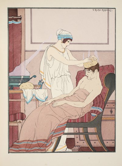 يتم وضع إسفنجة مبللة بالماء الساخن على الرأس ، توضيح من "أعمال أبقراط" ، 1934 بواسطة جوزيف كون ريجنير