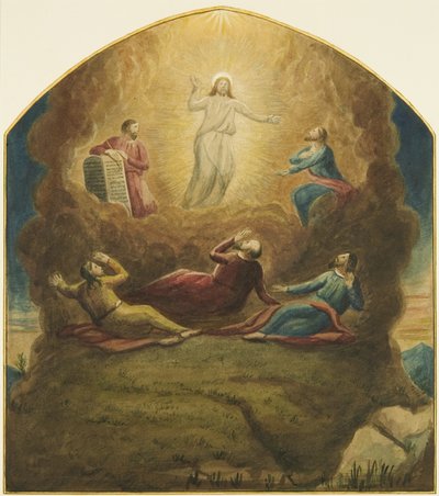 قطعة مذبح أصلية من Mead في St James's ، تُظهر التجلي على الجبل (قلم رصاص وألوان مائية على ورق) بواسطة جوزيف مانينغ