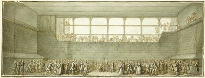 قسم ملعب التنس ، حوالي عام 1789 (طباشير أسود وقلم وحبر بني مع طلاء رمادي) بواسطة جوزيف ماري فلويست