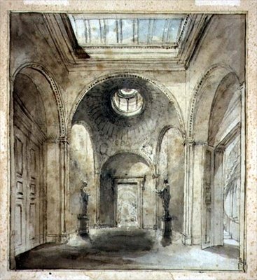 صالة انتظار معرض منحوتات السير فرانسيس شانتري في 30 بلجريف بليس صممه السير جون سوان (1753-1837) (ألوان مائية وقلم رصاص على ورق) بواسطة جوزيف مايكل جاندي