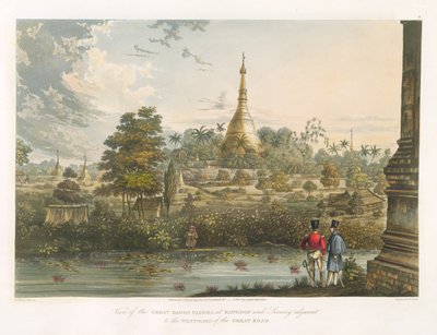 منظر لمعبد الداغون الكبير في رانغون من الغرب ، محفور بواسطة هنري بيال (1795-1833) 1825-26 بواسطة جوزيف مور