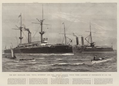 The New Ironclads و HMS Royal Sovereign و HMS Royal Arthur التي تم إطلاقها في بورتسموث من قبل جلالة الملكة يوم الخميس بواسطة جوزيف ناش