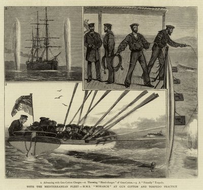مع أسطول البحر الأبيض المتوسط ، HMS Monarch at Gun Cotton and Torpedo Practice بواسطة Joseph Nash